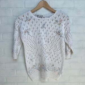 Needleworks 1989 80's Vintage Cotton Embroidered Short Sleeve Sweater- sz S